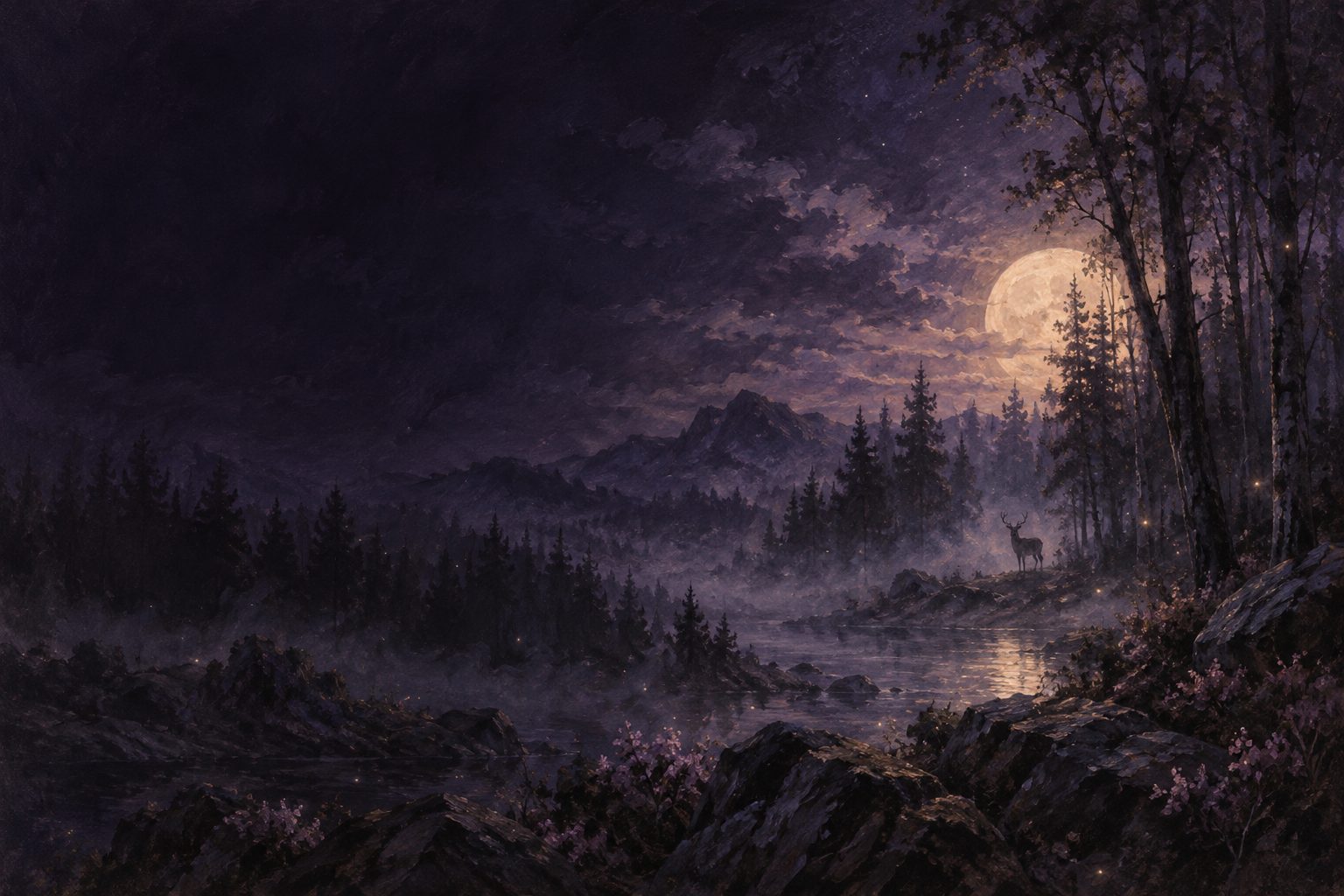 Pintura de um lago calmo à noite, com névoa sobre a água e o reflexo suave da lua em tons de rosa e mel.