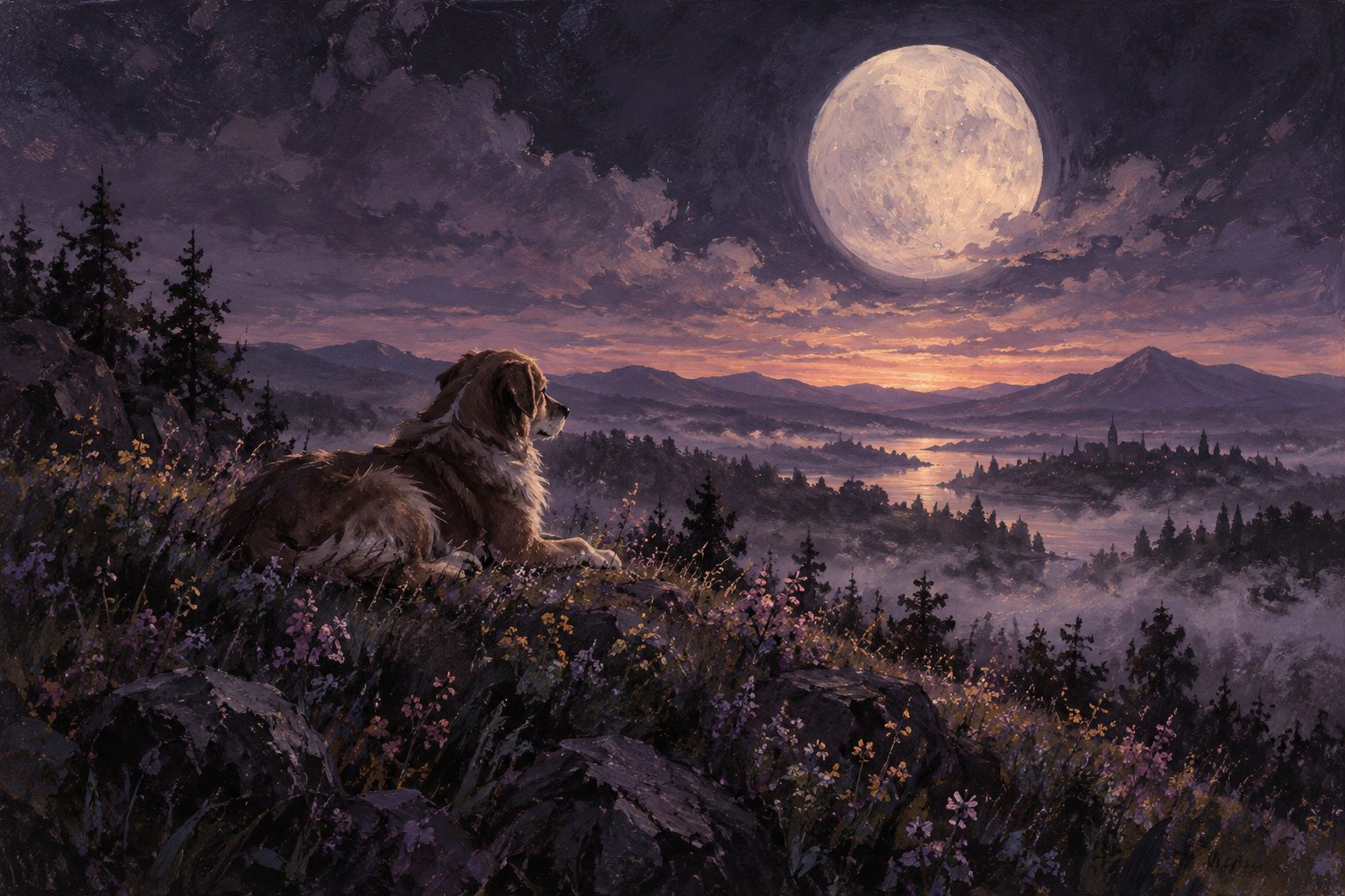 Pintura de um cachorro deitado em uma colina sob a lua, cercado de névoa e flores, em tons de roxo