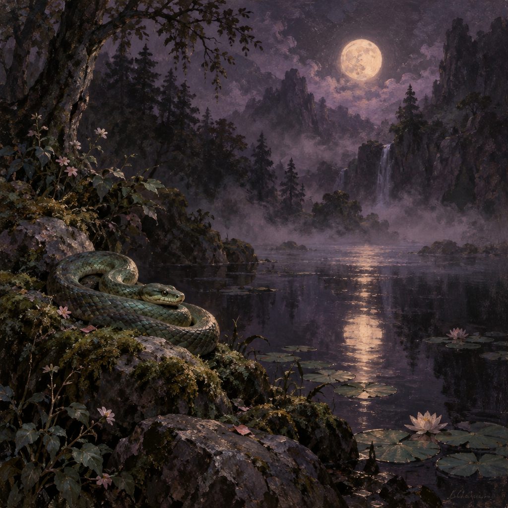 Pintura de uma serpente tranquila enrolada em uma pedra, em uma clareira com névoa, sob luz rosa e dourada