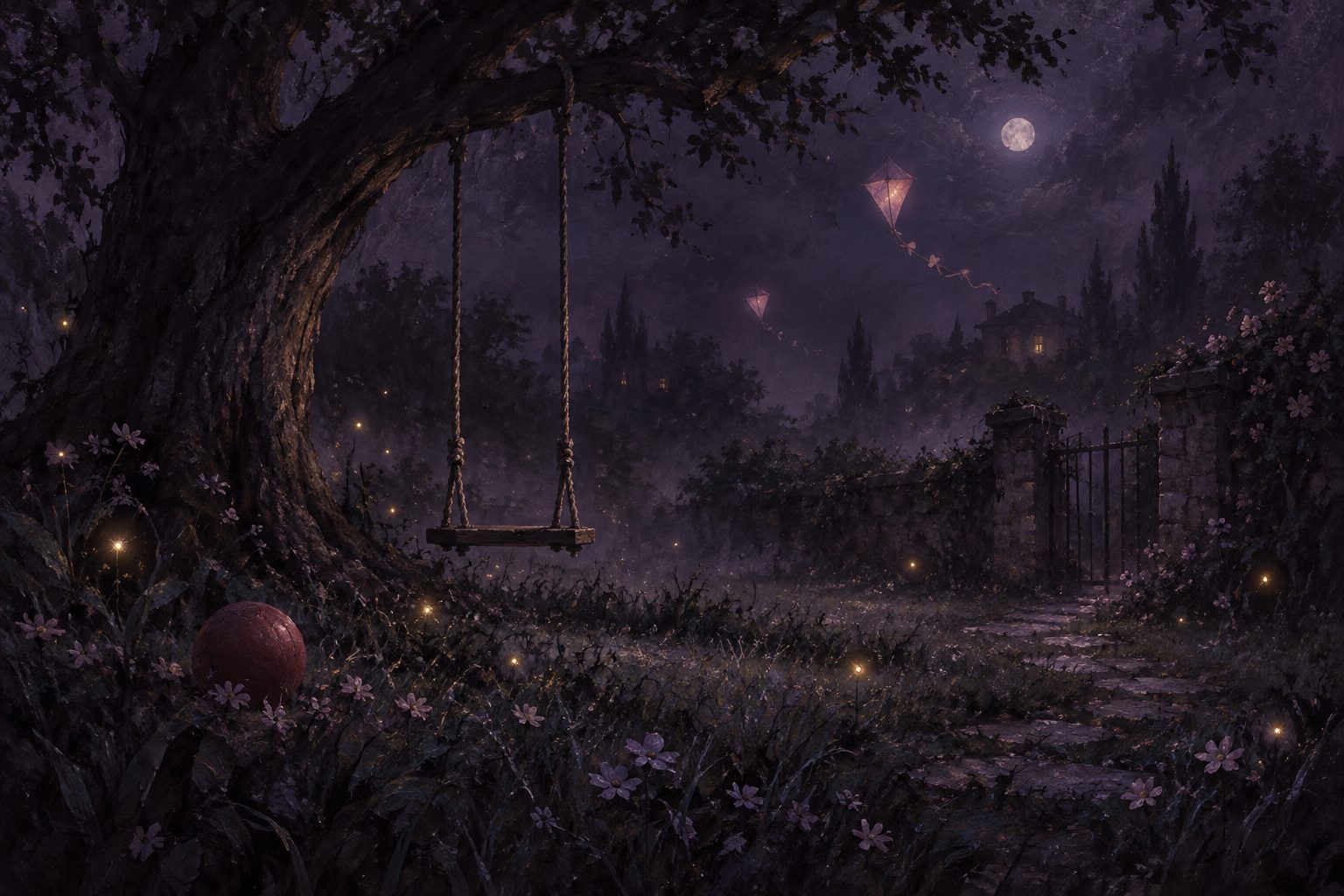 Pintura noturna de um balanço de corda sob uma árvore, com vaga-lumes e uma bola no gramado em meio à névoa roxa.