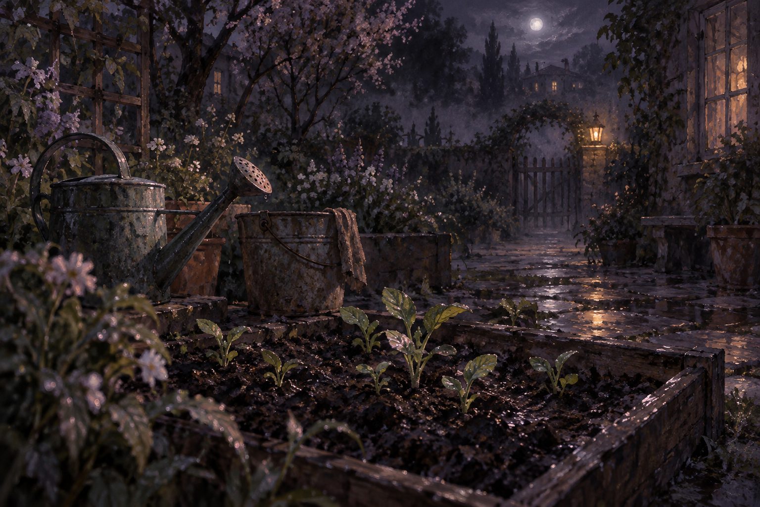 Pintura noturna de um canteiro de terra escura com brotos verdes nascendo sob uma luz suave rosa e mel.