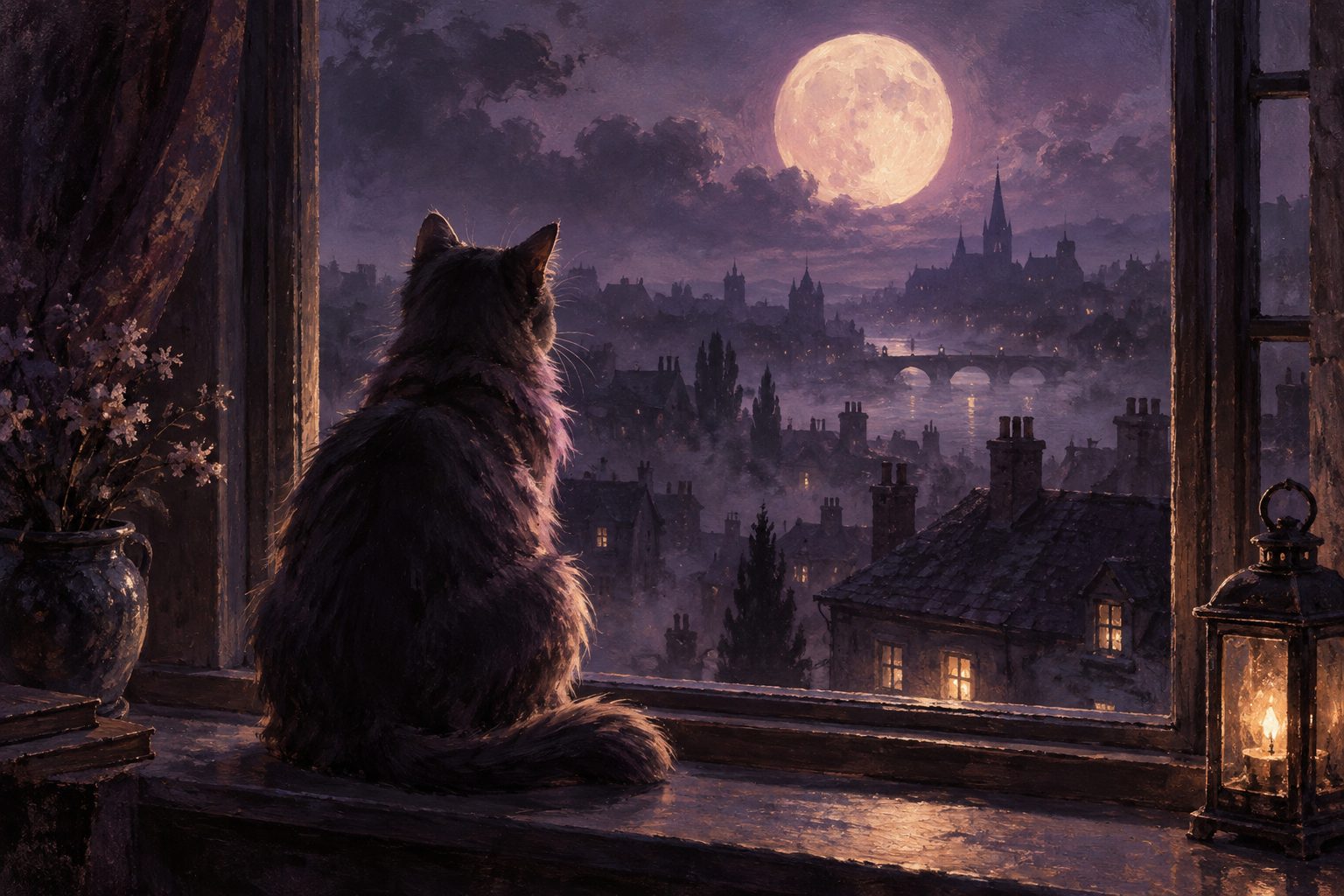Pintura de um gato de costas na janela, olhando a lua sobre telhados cobertos de névoa