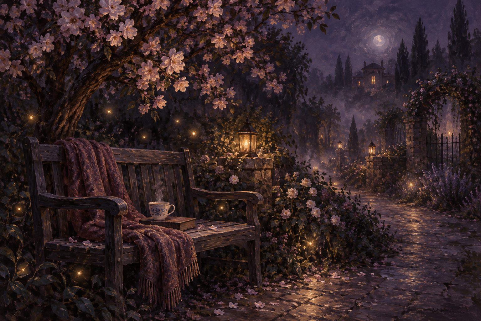 Pintura de um banco de madeira sob uma árvore florida, com uma xícara de chá e um xale, em um jardim com névoa e vaga-lumes